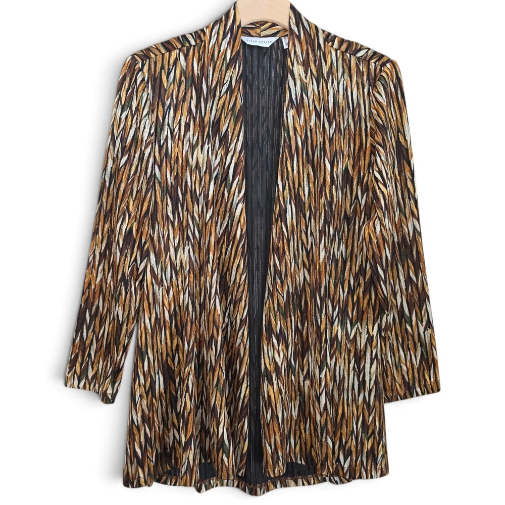 Susan Graver Cardigan Womens Petite Medium MP Open Front Brown Gold Feather Knit